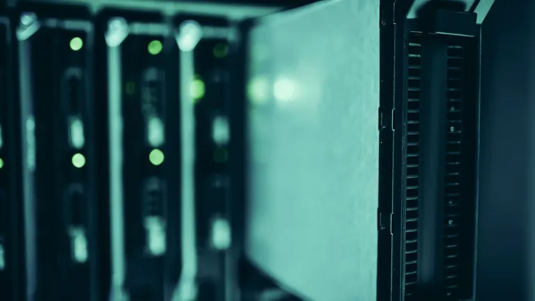 Close-up of data-center server equipment with green indicator lights